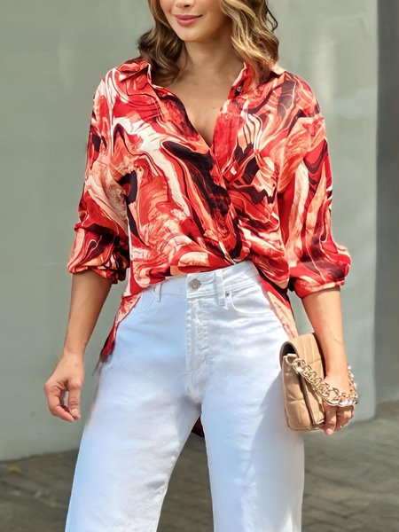 Shirt Collar Random Print Urban Blouse, As picture, Blouses and Shirts