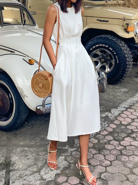 

Elegant Regular Fit Crew Neck Plain Dress, White, Midi Dresses