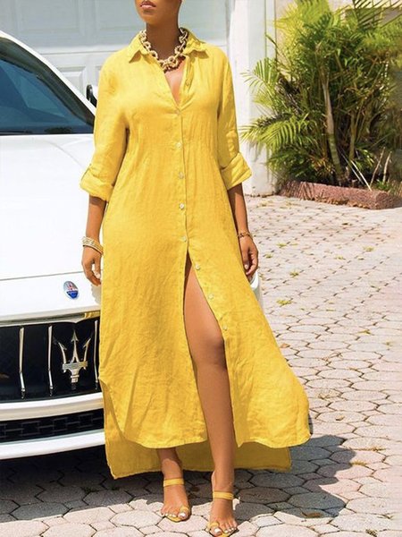 

Shirt Collar Elegant Plain Cotton Dress, Yellow, Maxi Dresses