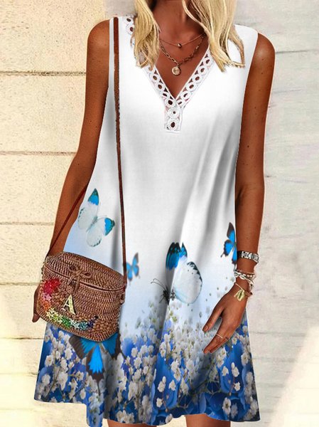 

V Neck Casual Floral Lace Dress, White, Dresses