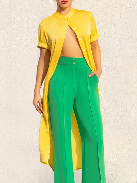 Urban Stand Collar Plain Short Sleeve Blouse, Yellow, Blouses and Shirts