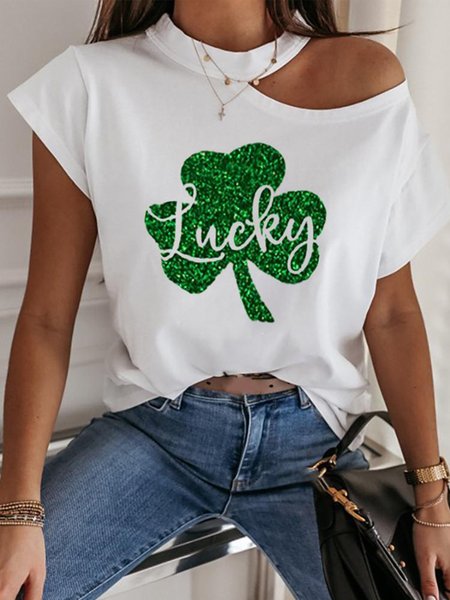 

Loose Urban Four-Leaf Clover Cold Shoulder T-Shirt, White, Tees