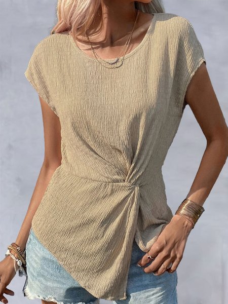 

Plain Crew Neck Simple Regular Fit Shirt, Apricot, Shirts & Blouses