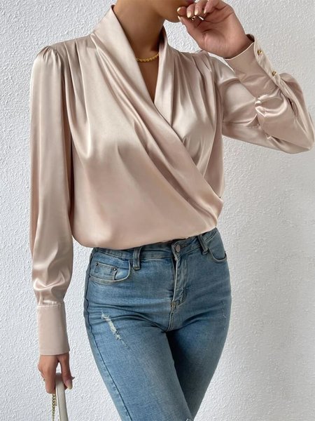 

Satin Cross Neck Simple Shirt, Champagne, Shirts & Blouses
