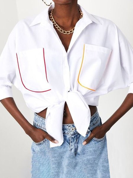 

Color Block Shirt Collar Loose Casual Blouse, White, Blouses and Shirts