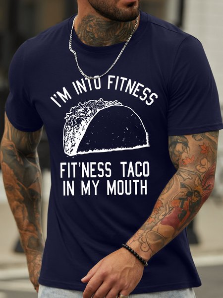 

Men's I'm Into Fitness Fitness Taco In My Mouth Funny Graphic Printing Casual Cotton Loose Text Letters T-Shirt, Purplish blue, T-shirts