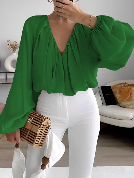 

Plus Size Loose Elegant Plain V Neck Shirt, Green, Plus Tops