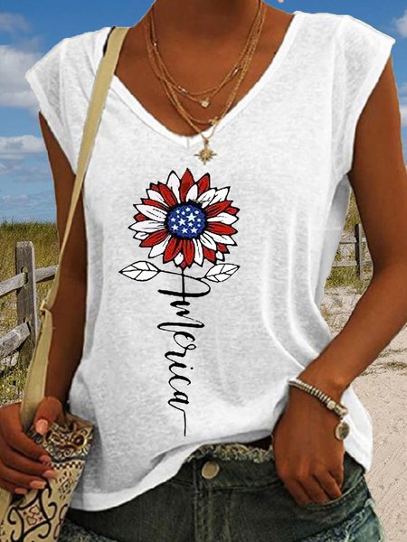 

Women's American Flower Print Casual V Neck Tank Top, White, Tank Tops