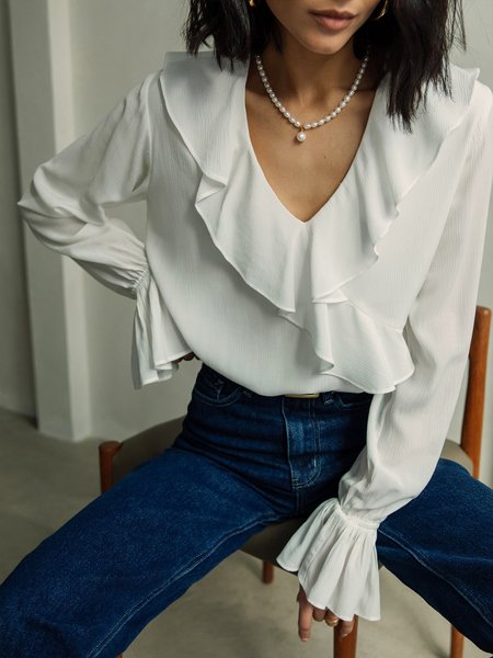 

Daily Shirt Collar Plain Elegant Chiffon Shirt, White, Blouses and Shirts