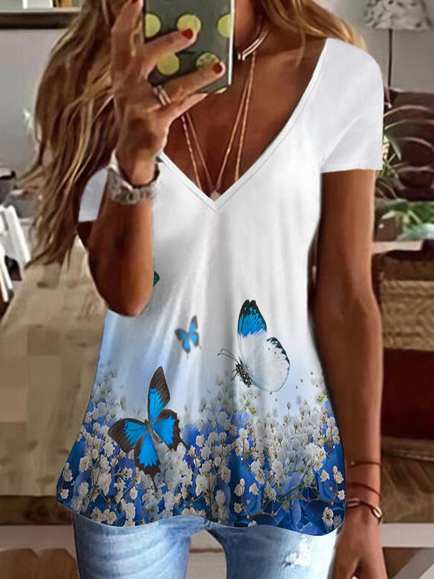 

Summer V neck Floral Casual butterfly T-Shirt, White, T-Shirts