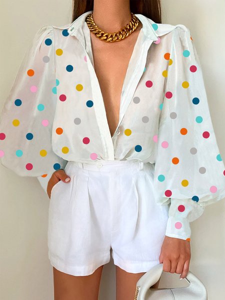 

Shirt Collar Loose Vacation Polka Dots Blouse, Multicolor, Blouses and Shirts