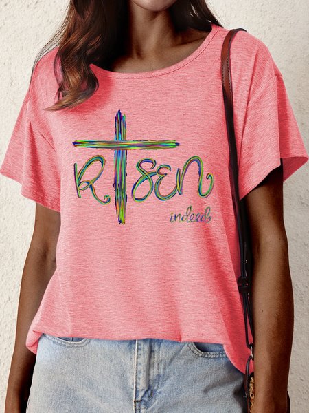 

Women's Risen Indeed Funny Easter Cross Graphic Printing Crew Neck Text Letters Cotton-Blend Casual T-Shirt, Red, T-shirts