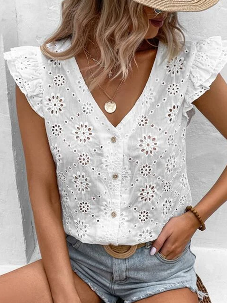 

V Neck Cotton And Linen Linen Buttoned Blouse, White, Shirts & Blouses