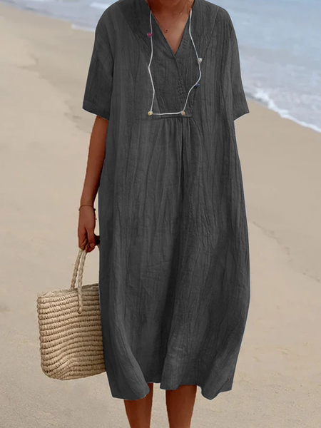 

Women Summer Vacation V Neck Pockets Loose Plain Cotton And Linen Short sleeve Dress, Black, Midi Dresses