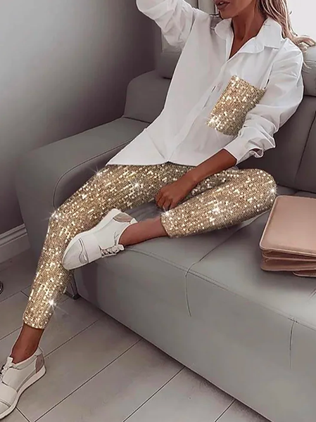 

Shirt Collar Loose Urban Two-Piece Set, Golden, Suit Set