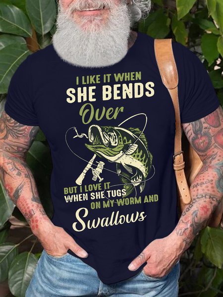 

Men's I Like It When She Bends Over But I Love It When She Tugs On My Worm And Swallows Funny Graphic Printing Cotton Text Letters Casual T-Shirt, Purplish blue, T-shirts