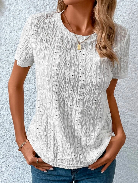 

Loose Casual Crew Neck Solid Eyelet Embroidery Round Neck Tee, White, Tees & T-shirts