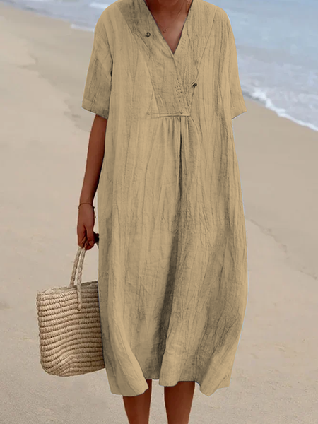 

Women Summer Vacation V Neck Pockets Loose Plain Cotton And Linen Short sleeve Dress, Light khaki, Midi Dresses