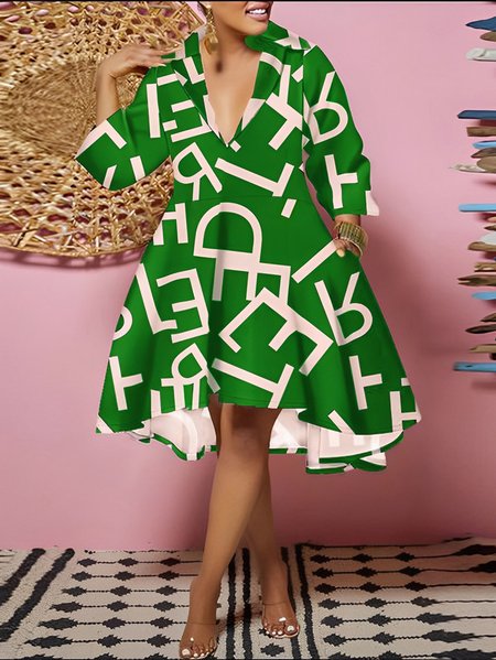 

Elegant Lapel Collar Text Letters Pockets Dress, Green, Mini Dresses