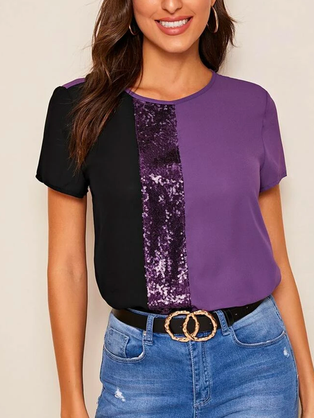 

Loose Crew Neck Casual Color block Sequin Panel Top, Purple, Shirts & Blouses