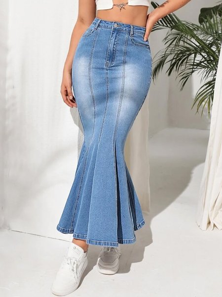 

Regular Fit Plain Elegant Long MermaidSkirt, Blue, Skirts