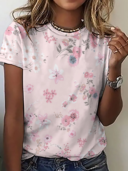 Women's Cute Cherry Blossoms Print Simple Crew Neck T-Shirt, Pink, T-shirts