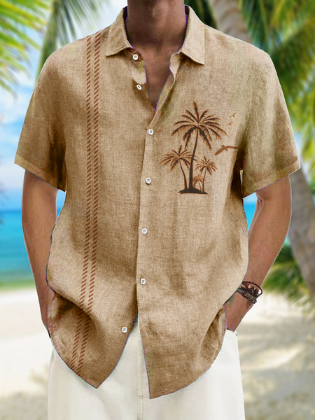

Striped Coconut Tree Print Short Sleeve Resort Shirt, Khaki, Men Shirts