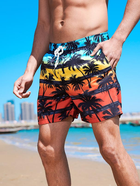 

Coconut Tree striped Drawstring Beach Shorts, Red, Men's shorts