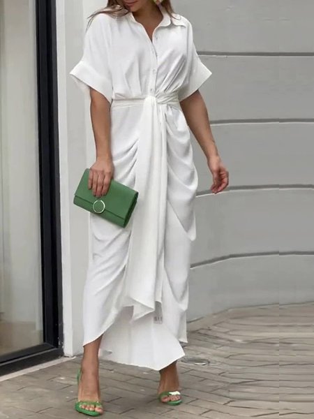 

Shirt Collar Regular Fit Elegant Dress, White, Midi Dresses