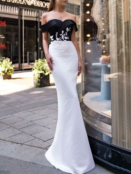 

Elegant Strapless Party Dress, Black-white, Maxi Dresses