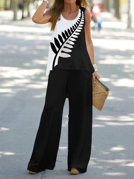 

Color Block Simple Loose Crew Neck Two-Piece Set, Black, Suit Set