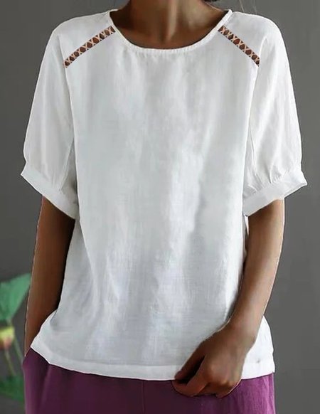 

Plain Linen Crew Neck Shirt, White, Tunics