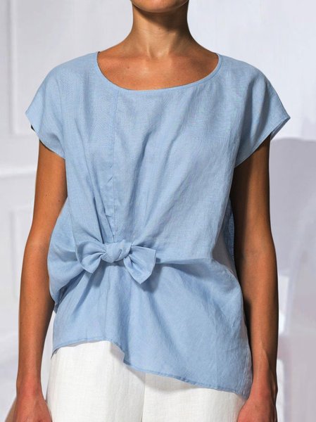 

Casual Plain Cotton And Linen Crew Neck Shirt, Light blue, Tunics