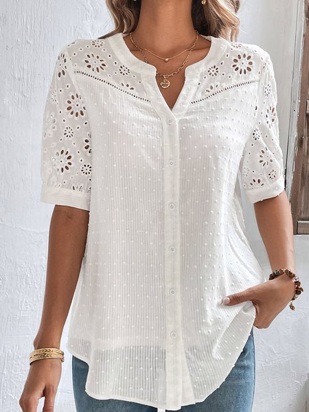 

Elegant Loose Shirt Swiss Dot Short Sleeve Top, White, Shirts & Blouses