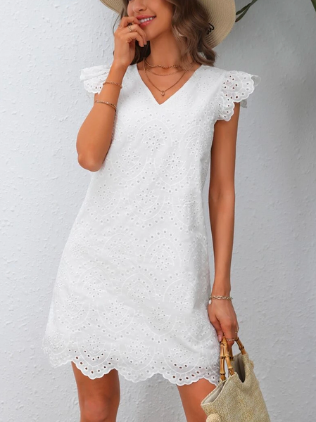 

Linen Loose Eyelet Embroidery Scallop Trim Dress, White, Dresses