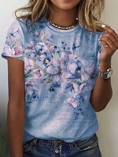Floral Crew Neck Loose Casual T Shirt