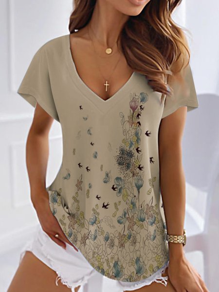 

Summer Floral V Neck Casual T-Shirt, Khaki, Tees & T-shirts