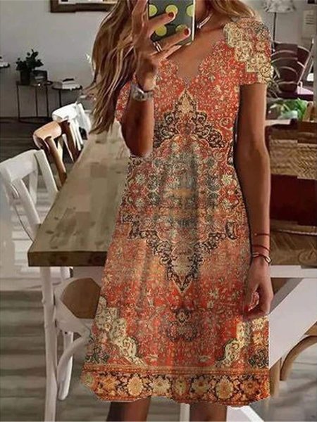 Ethnic V Neck Regular Fit Ethnic Dress, Orange red, Dresses