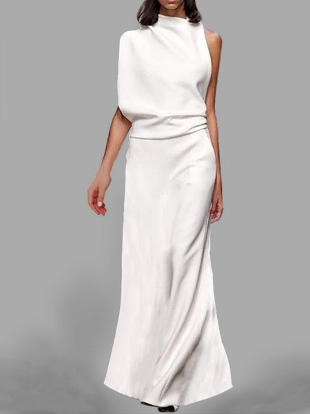 

Half Turtleneck Casual Regular Fit Plain Dress, White, Maxi Dresses