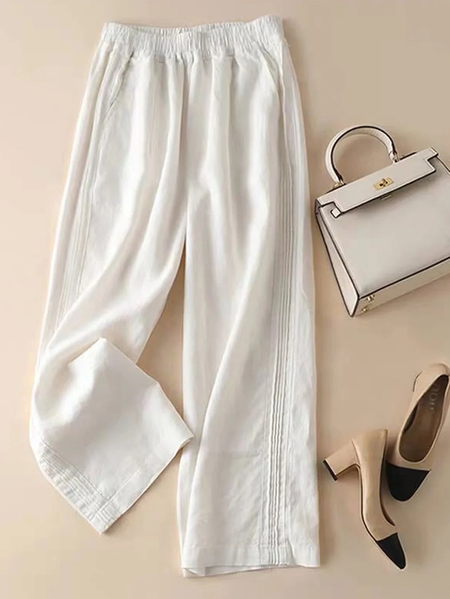 

Plain Loose Linen Causal Pants, White, Pants