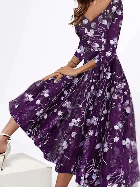 

Elegant V Neck Floral Swing Dress, Purple, Formal Dresses