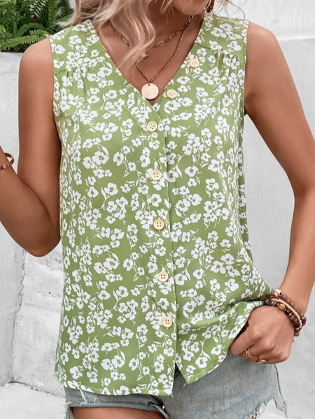 

Casual V Neck Floral Blouse, Green, Tanks & Camis