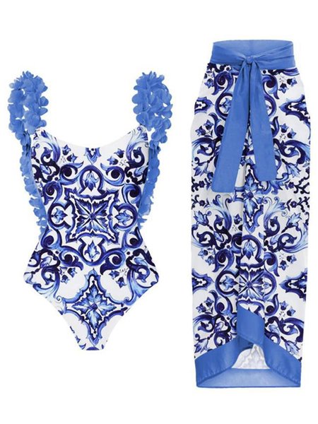 

Vacation V Neck Floral Printing One Piece With Cover Up, Blue, swimwear>>One-Pieces