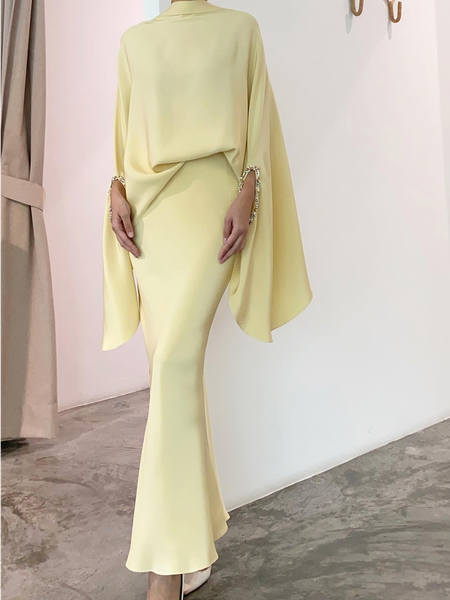

Stand Collar Satin Elegant Plain Two-Piece Set, Yellow, Tops