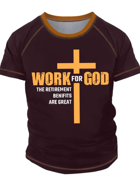 

Men's Work For God The Retirement Benifits Are Great Funny Graphic Printing Regular Fit Casual Crew Neck T-Shirt, Red, T-shirts