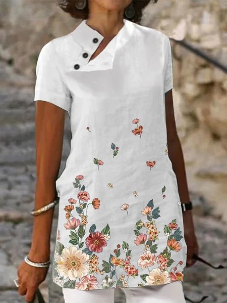 

Stand Collar Loose Casual Floral Shirt, White, Tunics