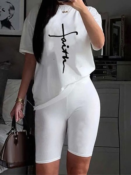 

Polyester Cotton Casual Text Letters Two-Piece Set, White, Two-piece Set