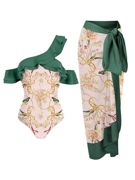 

Printing One Shoulder Floral Vacation One Piece With Cover Up, Green, swimwear>>One-Pieces