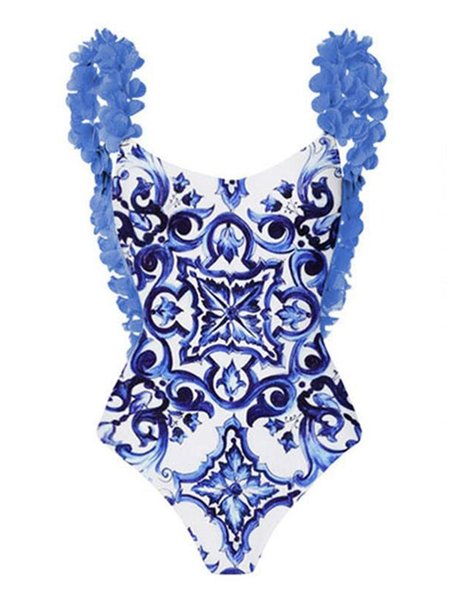 

V Neck Vacation Printing Floral One-Piece, Blue, swimwear>>One-Pieces