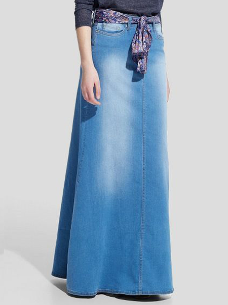 

Micro-Elasticity Urban Loose Plain Denim Long Skirt, Denim blue, Skirts